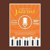 internationale jazzdag platte postersjabloon met piano en microfoon vector