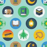 kleurrijk naadloos patroon van cirkelvormige ramadanpictogrammen en islam verwante pictogrammen. vector