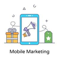 megafoon in smartphone, plat overzichtsontwerp van mobiel marketingpictogram vector
