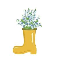 mooi lente-zomerboeket van kleine blauwe vergeet me niet bloemen met stengels en bladeren in gele laarsvormige vaas. interieur ontwerp. planten winkel. vector illustratie