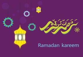 ramadan kareem arabische kalligrafie, met het licht van de lamp. paars achtergrond .wenskaart vector ontwerp