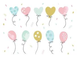 set hand getrokken partij ballonnen en confetti. verjaardag versieringen. vectorillustratie voor wenskaarten, uitnodigingen, posters. vector