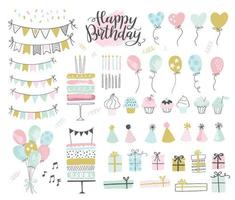 set verjaardagsfeestje ontwerpelementen. vectorillustraties. feestdecoratie, ballonnen, geschenkdoos, taart met kaarsen, confetti, feestmutsen, cupcakes, spandoeken. vector