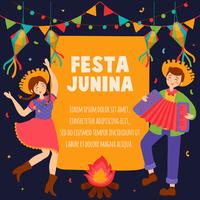 Hand getekend Festa Junina Brazilië juni Festival. Dorpsfeest in Latijns-Amerika. Girl Boy Gitaar Accordeon Cactus Zomer Zonnebloem Kampvuur. Achtergrond - vectorillustratie vector