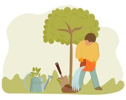 illustratie over het thema tuinieren, een man die een boom water geeft en graaft, tuingereedschap. pastelkleuren. afdrukken, vector