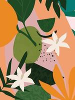 botanische poster vectorillustratie. gebladerte tekenen met abstracte vormen. minimaal en natuurlijk, bladeren, varens en bloemen art print. abstract plantontwerp voor achtergrond, behang, kaart, kunst aan de muur vector