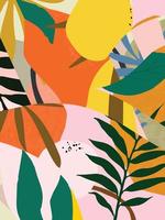 botanische poster vectorillustratie. gebladerte tekenen met abstracte vormen. minimaal en natuurlijk, bladeren, varens en bloemen art print. abstract plantontwerp voor achtergrond, behang, kaart, kunst aan de muur vector