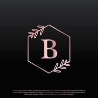 elegant b-letter zeshoekig bloemenlogo met creatieve elegante bladmonogram-taklijn en roze zwarte kleur. bruikbaar voor bedrijfs-, mode-, cosmetica-, spa-, wetenschaps-, medische en natuurlogo's. vector