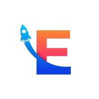 beginletter e met raket logo pictogram symbool. goed voor bedrijfs-, reis-, start- en logistieke logo's vector