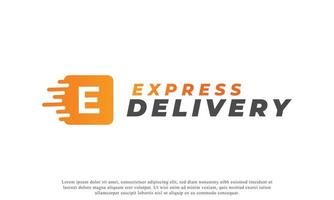 creatief eerste letter e-logo. oranje vorm e brief met snelle verzending bestelwagen icoon. bruikbaar voor bedrijfs- en merklogo's. platte vector logo ontwerp ideeën sjabloon element