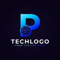 tech letter p-logo. blauwe geometrische vorm met stip cirkel verbonden als netwerk logo vector. bruikbaar voor bedrijfs- en technologielogo's. vector