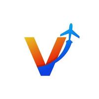 beginletter v reizen met vliegtuig vlucht logo ontwerpsjabloon element vector