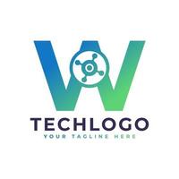 tech letter w-logo. groene geometrische vorm met stip cirkel verbonden als netwerk logo vector. bruikbaar voor bedrijfs- en technologielogo's. vector