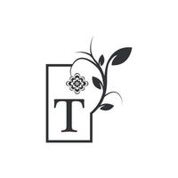 elegante t luxe logo vierkante frame badge. bloemen met bloemen bladeren. perfect voor mode, sieraden, schoonheidssalon, cosmetica, spa, boetiek, bruiloft, postzegel, hotel- en restaurantlogo. vector