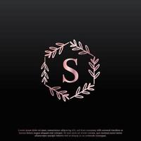 elegant s-letter zeshoekig bloemenlogo met creatieve elegante bladmonogram-taklijn en roze zwarte kleur. bruikbaar voor bedrijfs-, mode-, cosmetica-, spa-, wetenschaps-, medische en natuurlogo's. vector
