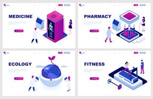 Set isometrische bestemmingspagina sjabloon voor geneeskunde, farmacie, ecologie, Fitness. Moderne vector illustratie isometrische concepten ingericht mensen karakter voor website-ontwikkeling.