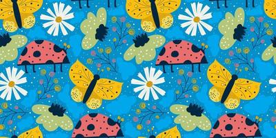 Scandinavisch lente naadloos patroon met vlinder, lieveheersbeestje en madeliefje op blauwe achtergrond. geel en rood insect met vleugels, bloemen. naadloos kleurrijk patroon voor babytextiel.
