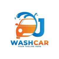 letter j met car wash logo, schoonmaak auto, wassen en service vector logo ontwerp.