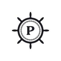 letter p in het stuur van het schip en cirkelvormige ketting icoon voor nautische logo-inspiratie vector