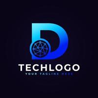 tech letter d-logo. blauwe geometrische vorm met stip cirkel verbonden als netwerk logo vector. bruikbaar voor bedrijfs- en technologielogo's. vector