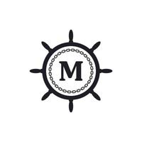 letter m in het stuur van het schip en een cirkelvormige ketting icoon voor inspiratie voor nautische logo's vector