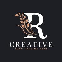 eerste letter r gekoppeld monogram gouden lauwerkrans logo. sierlijk ontwerp voor restaurant, café, merknaam, badge, label, luxe identiteit vector