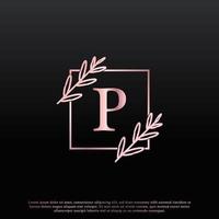 elegant p-letter vierkant bloemenlogo met creatieve elegante bladmonogram-taklijn en roze zwarte kleur. bruikbaar voor bedrijfs-, mode-, cosmetica-, spa-, wetenschaps-, medische en natuurlogo's. vector