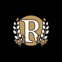 eerste letter r gekoppeld monogram gouden lauwerkrans met cirkel logo. sierlijk ontwerp voor restaurant, café, merknaam, badge, label, luxe identiteit vector