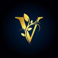 elegant v luxe logo. gouden bloemen alfabet logo met bloemen bladeren. perfect voor mode, sieraden, schoonheidssalon, cosmetica, spa, boetiek, bruiloft, postzegel, hotel- en restaurantlogo. vector