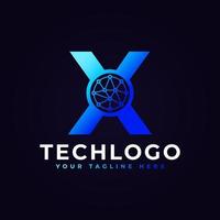 tech letter x-logo. blauwe geometrische vorm met stip cirkel verbonden als netwerk logo vector. bruikbaar voor bedrijfs- en technologielogo's. vector
