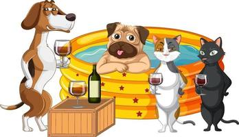 schattige puppy honden en katten feest in rubberen zwembad vector