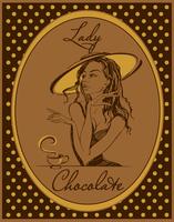 Warme chocolademelk. Het label voor de drank. Retro afbeelding. Elegant meisje in een hoed. Wijnoogst. Frame met polka dots. Vector.