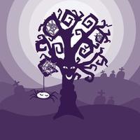 halloween-kaartsjabloon, getekend in een doodle-stijl. schattige boom en spinnenweb. heuvels en graven. monogame achtergrond voor halloween. vector