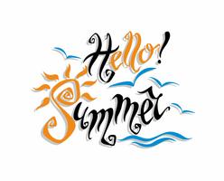 Hallo zomer . Belettering. Groet. Zon, zee, meeuwen. Ontwerpconcept voor toerisme. Vector. vector