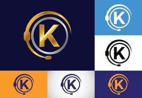 eerste k monogram letter alfabet en ondersteuningsservice met koptelefoon. hoofdtelefoon logo. hotline klantadvies, callcenter hulp vector