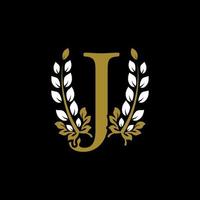 eerste letter j gekoppeld monogram gouden lauwerkrans logo. sierlijk ontwerp voor restaurant, café, merknaam, badge, label, luxe identiteit vector