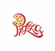 Pizza. Decoratieve belettering logo. Heerlijke insignes van de briefkaartketchup. Vector.