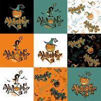 Naadloos patroon. Halloween. Belettering. Grappige cartoon pompoen monster in heks hoed. Knuppel. Cat monster. Patchwork afdrukken. Geruite achtergrond. Vector. vector