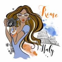 Meisje toerist reist naar Rome in Italië. Fotograaf. Reizen. Vector