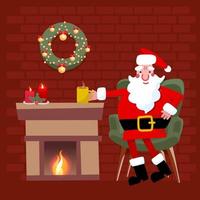 santa claus stripfiguur om thuis te zitten in de buurt van open haard en hete thee merry christmas concept te drinken. de kerstman rust. in grote groene fauteuil. platte vectorillustratie. vector