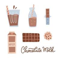 set van chocolademelk, in glazen fles, cardboatd doos, glas melk met choko bar en koekje. geïsoleerde platte hand getrokken vectorillustratie. vector