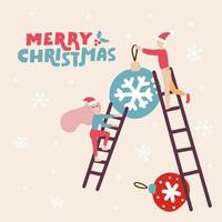 grote wenskaart met santa helpers met ladder kerstballen versieren. gelukkige kleine mensen, vrolijke elf op vakantieavond met scandinavische letters. vector