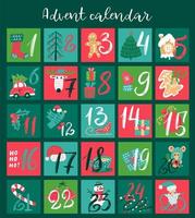 kerst adventskalender met handgetekende elementen. kerst poster. vectorillustratie voor 25 december dagen. vector