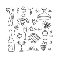 doodle hand tekenen wijn elementen ingesteld op witte achtergrond. lineaire flessen, glazen, druiven enz. lijn vector illustratie collectie.