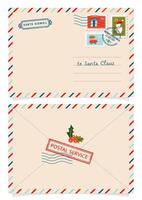 brief aan de kerstman met postzegels en postzegels. lieve kerstman mail envelop. kerstverrassingsbrief, kinderkaart met poststempel cachet van de noordpool. verzendkosten verrast correspondentie vector