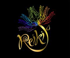 Reiki-energie. Logotype. Genezende energie. Bloem van de regenboog uit de handpalmen van de mens. Alternatief medicijn. Spirituele oefening. Vector. vector