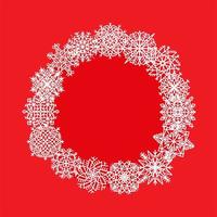 hand getekende kerst sneeuwvlokken frame. vector winter krans voor cadeaubonnen, kerstvakantie uitnodigingen op rode achtergrond.