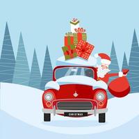 cartoon happy santa claus in retro auto met geschenkdozen op dak. stijlvolle vectorkaart voor kerstontwerp. de kerstman leunde uit een autoraam met een zak met cadeaus. sjabloon voor vakantieposter, wenskaart vector