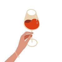 een wijnglas in vrouwelijke hand. elegante hand met een glas rode wijn. vol glas alcoholische drinkinkt de sierlijke hand van een meisje. vectorillustratie in vlakke stijl op een witte achtergrond. vector