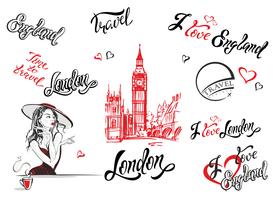 Engeland. Londen. Set elementen voor ontwerp. Belettering. Big Ben-schets. Meisje in een hoed die thee drinkt. Vector. vector